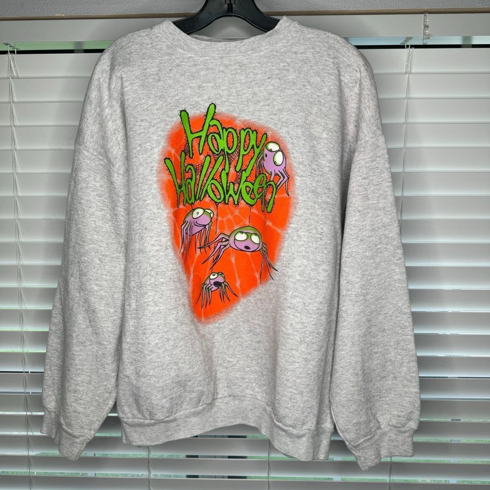 Vintage 90s TSI Happy Halloween Cartoon‎ Spider Sweatshirt Adult XL Grey